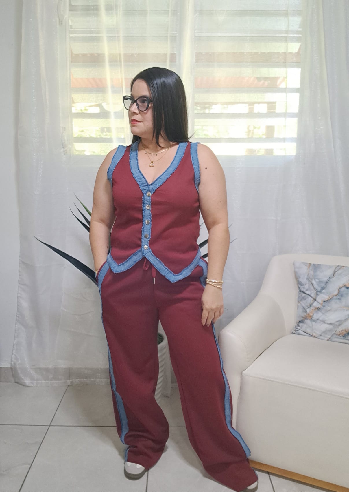 Burgundy denim detail set