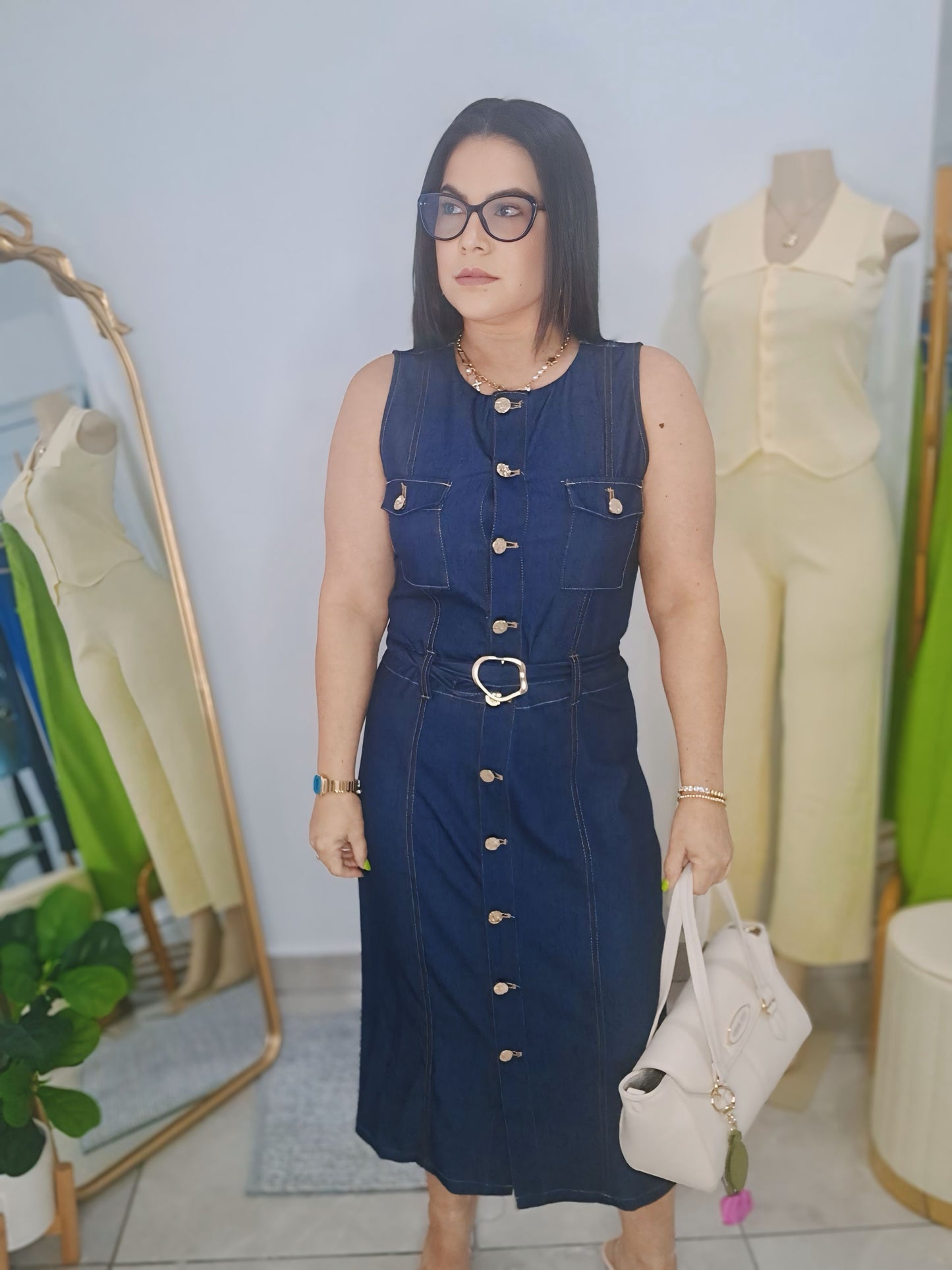Vestido denim con cinturón