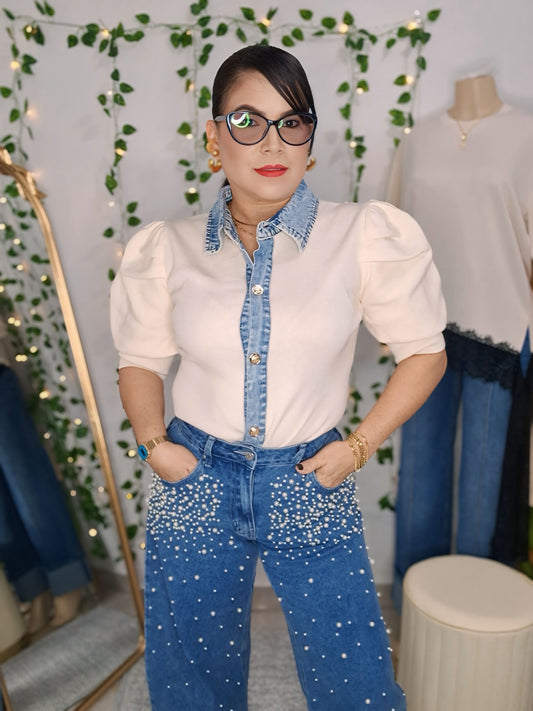 Top beige con denim