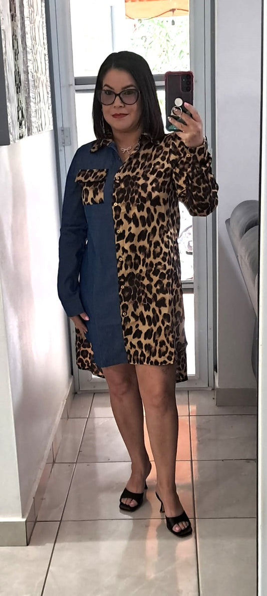 Vestido animal print y denim