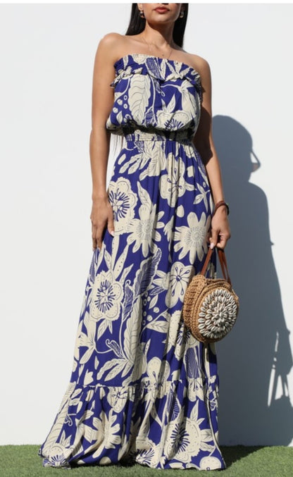 Print blue details Maxi dress