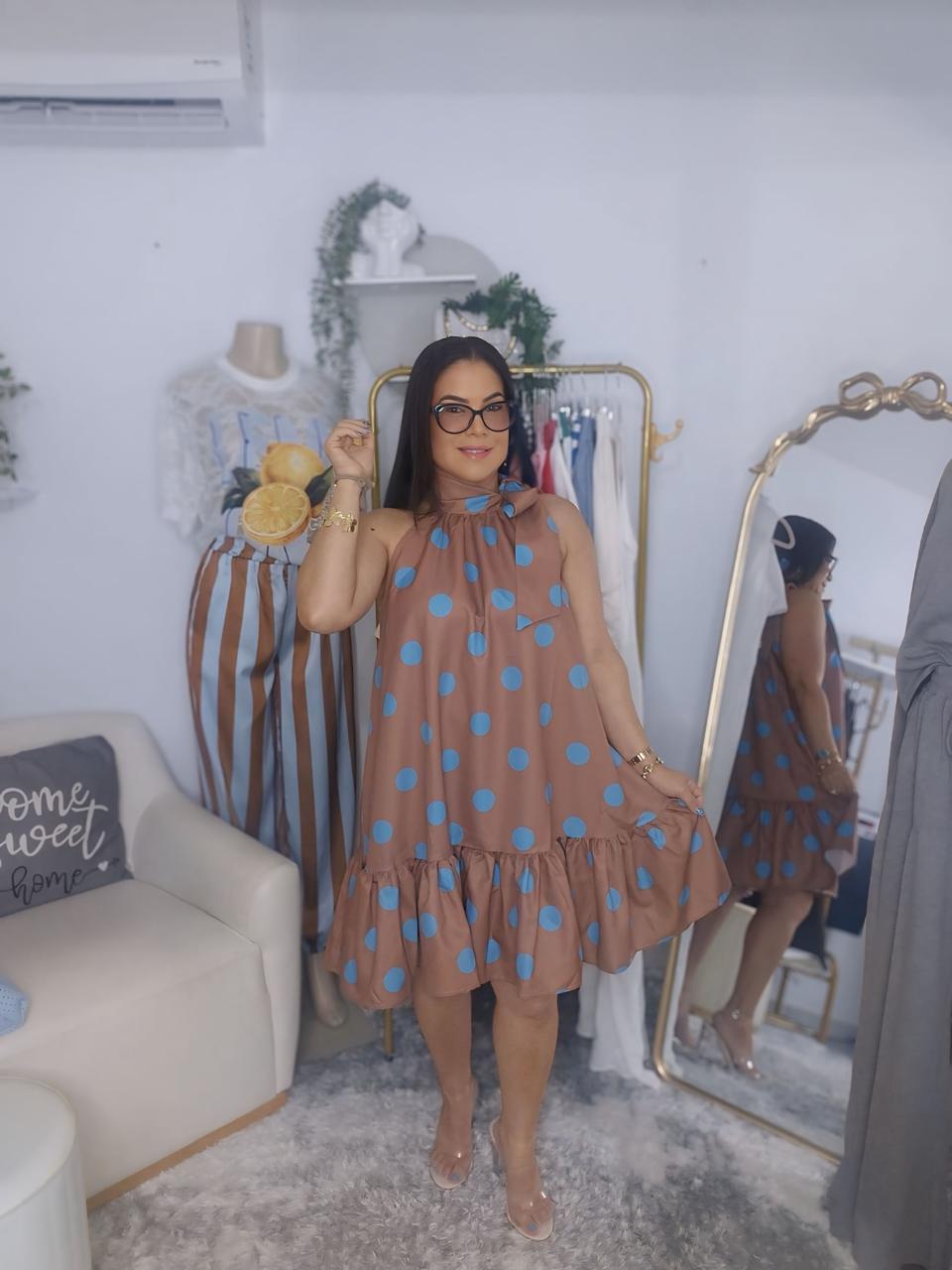 Vestido camel polka dot
