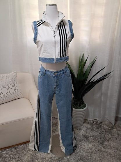 Set Denim y blanco top tipo vest